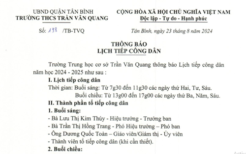 Thông báo Lịch tiếp công dân - Nội quy và Ban tiếp công dân năm học 2024-2025