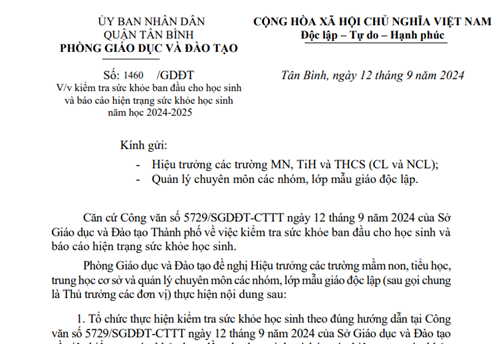 Về kiểm tra sức khỏe ban đầu cho học sinh và báo cáo hiện trạng sức khỏe học sinh