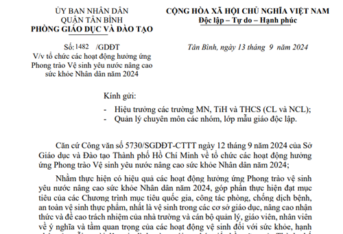 Về tổ chức các hoạt động hưởng ứng Phong trào Vệ sinh yêu nước nâng cao sức khỏe Nhân dân năm 2024