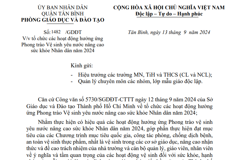 Về tổ chức các hoạt động hưởng ứng Phong trào Vệ sinh yêu nước nâng cao sức khỏe Nhân dân năm 2024