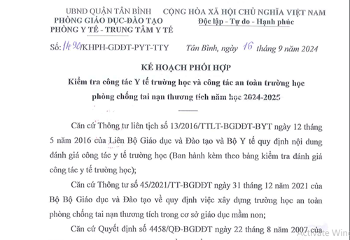 Về kế hoạch phối hợp kiểm tra công tác y tế trường học và công tác an toàn trường học, phòng chống tai nạn thương tích năm học 2024-2025