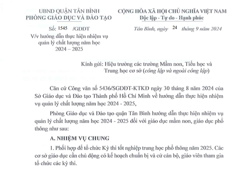 Về hướng dẫn thực hiện nhiệm vụ quản lý chất lượng năm học 2024-2025