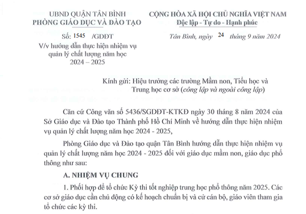 Về hướng dẫn thực hiện nhiệm vụ quản lý chất lượng năm học 2024-2025