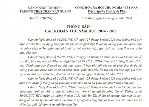 Thông báo số 270/TB-TVQ về các khoản thu năm học 2024-2025