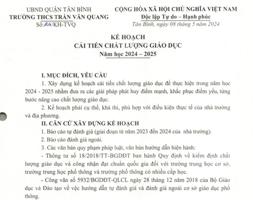 Về kế hoạch cải tiến chất lượng giáo dục năm học 2024-2025