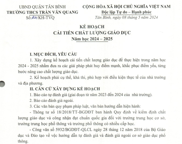 Về kế hoạch cải tiến chất lượng giáo dục năm học 2024-2025