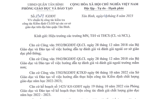 Về chuẩn bị công tác kiểm tra Công tác kiểm định CLGD tại các cơ sở giáo dục trên địa bàn quận Tân Bình