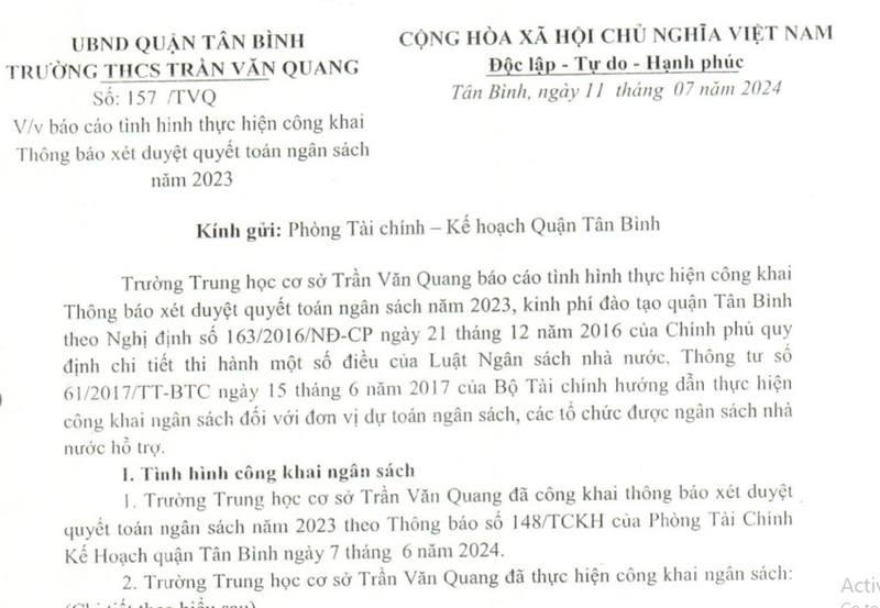 Về thông báo xét duyệt quyết toán ngân sách năm 2023