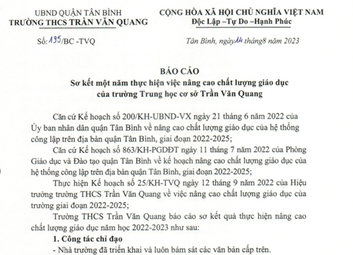 Báo cáo sơ kết một năm thực hiện việc nâng cao chất lượng giáo dục của trường