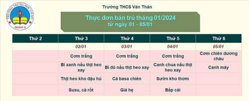 Thực đơn bán trú từ ngày 01 - 05/01/2024