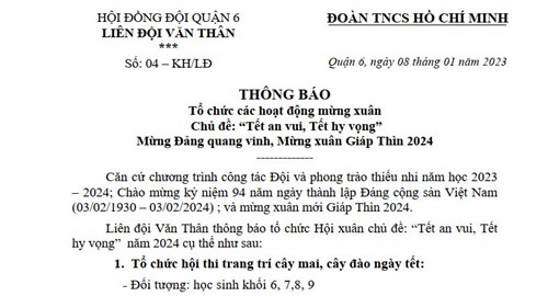 THÔNG BÁO:Tổ chức các hoạt động mừng xuân Chủ đề: “Tết an vui, Tết hy vọng” Mừng Đảng quang vinh, Mừng xuân Giáp Thìn 2024