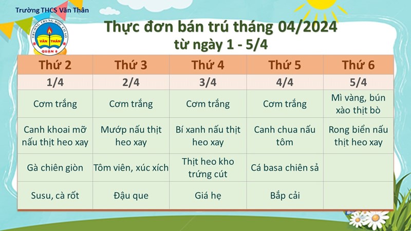 Thực đơn bán trú tháng 04/2024 (từ ngày 1 - 5/4)