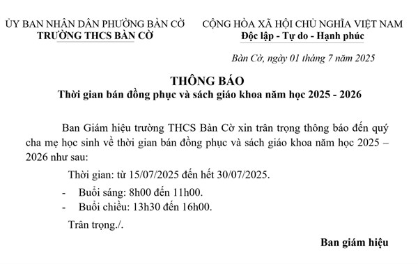 Thông báo về thời gian bán đồng phục và sách giáo khoa năm học 2025 - 2026