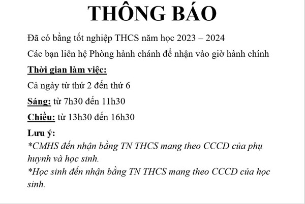 Thông báo đã có bằng tốt nghiệp THCS năm học 2023 - 2024