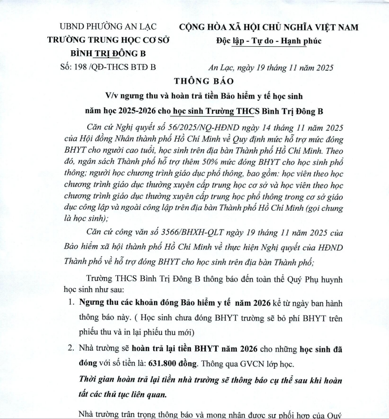 Thông báo ngưng thu và hoàn trả tiền Bảo hiểm y tế học sinh năm học 2025-2026 cho học sinh Trường THCS Bình Trị Đông B