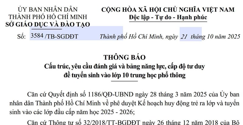 Thông báo cấu trúc, yêu cầu đánh giá, bảng năng lực, cấp độ tư duy đề tuyển sinh 10 năm 2026-2027 tại TPHCM