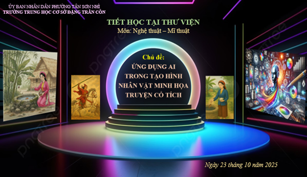Tiết học tại thư viện bộ môn Nghệ thuật - Mĩ thuật với nội dung: “Ứng dụng AI trong tạo hình nhân vật minh họa truyện cổ tích”