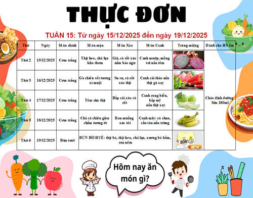 Trường THCS Đặng Trần Côn - Thực đơn ăn trưa tuần 15 năm học 2025 - 2026