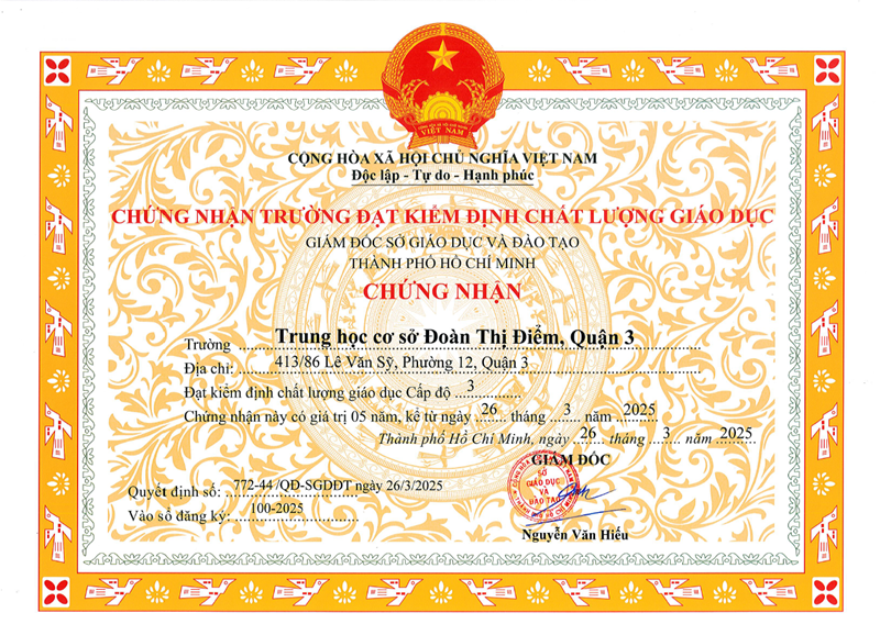 Chứng nhận trường đạt kiểm định chất lượng giáo dục Cấp độ 3