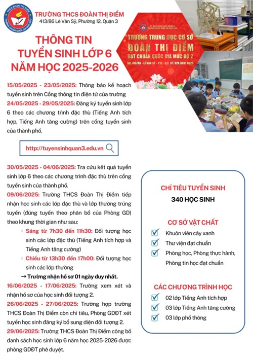 Thông tin tuyển sinh lớp 6 năm học 2025-2026