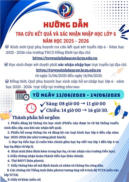 Hướng dẫn tra cứu kết quả và xác nhận nhập học lớp 6 năm học 2025-2026
