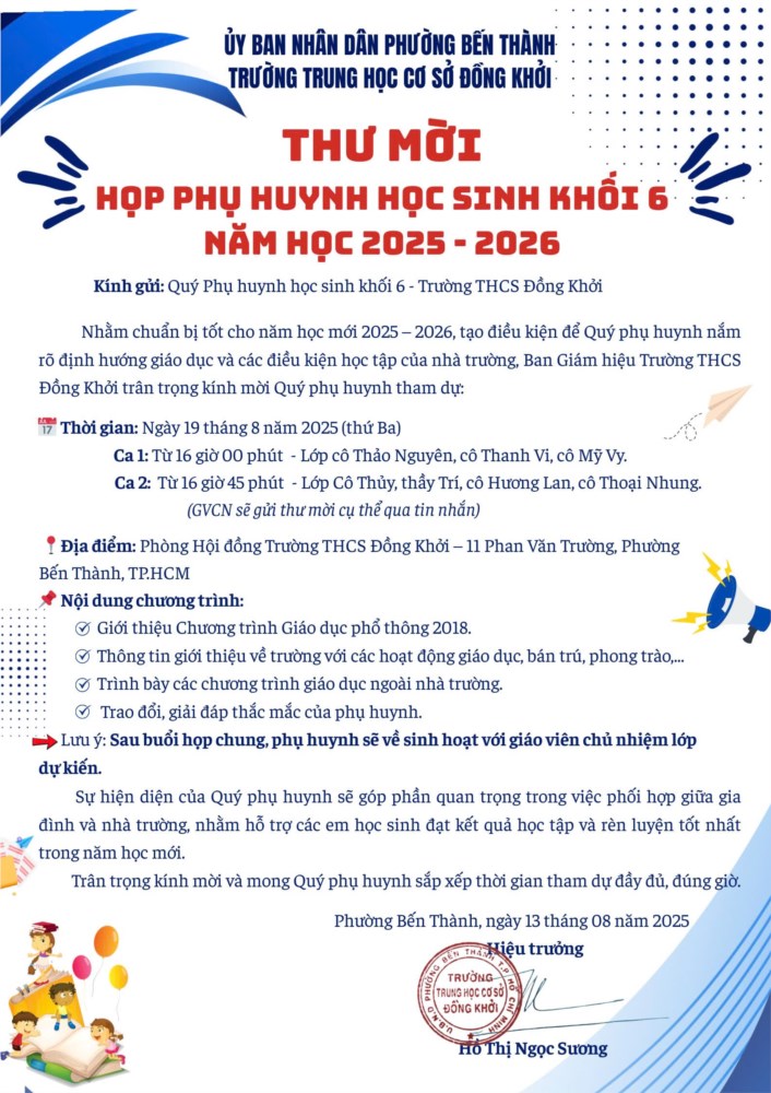 Thư mời họp phụ huynh lớp 6
Danh sách học sinh lớp 6 năm học 2025-2026