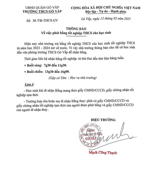 THÔNG BÁO
Về việc phát bằng tốt nghiệp THCS cho học sinh