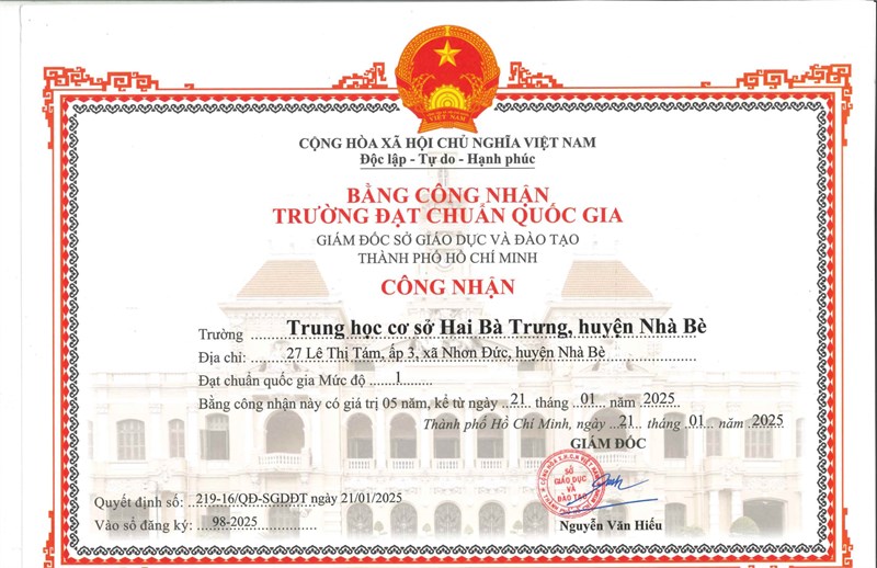 Quyết định công nhận trường đạt Chuẩn quốc gia Mức độ 1 và Kiểm định chất lượng giáo dục Cấp độ 2 năm học 2024-2025