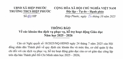 Các khoản thu dịch vụ phục vụ, hỗ trợ hoạt động giáo dục, năm học 2025-2026
