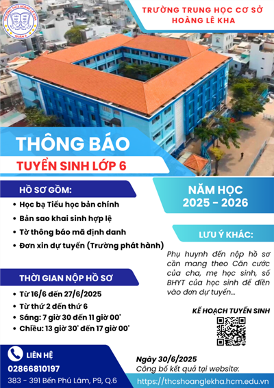 Thông báo tuyển sinh lớp 6 năm học 2025 - 2026