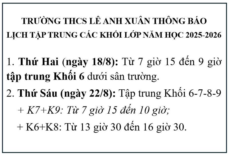 Trường thcs lê anh xuân thông báo lịch tập trung các khối lớp năm học 2025-2026