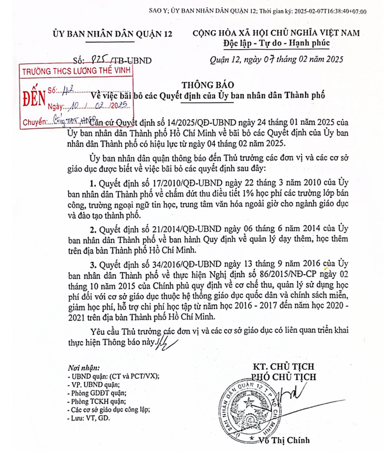 Thông Báo về việc bãi bỏ các quyết định của ủy ban nhân dân Thành Phố.