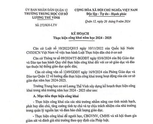 Số 272/KH-LTV KẾ HOẠCH THỰC HIỆN CÔNG KHAI NĂM HỌC 2024-2025.