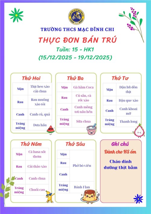 Thực đơn bán trú tuần 15 (15/12/2025 - 19/12/2025)