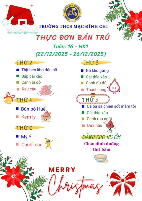 Thực đơn bán trú tuần 16 (22/12/2025 - 26/12/2025)