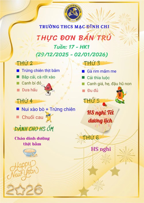 Thực đơn bán trú tuần 17 (29/12/2025 - 31/12/2025)