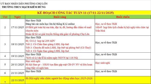 Lịch công tác tuần 11 - HKI (2025 - 2026)
