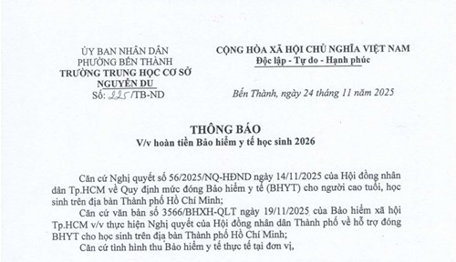 Thông báo vv hoàn trả tiền bảo hiểm y tế năm 2026