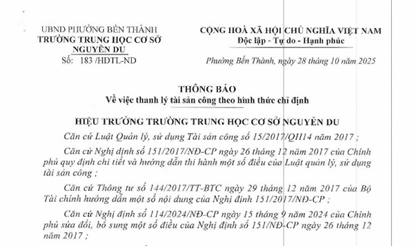 Thông báo vv thanh lý tài sản công theo hình thức chỉ định