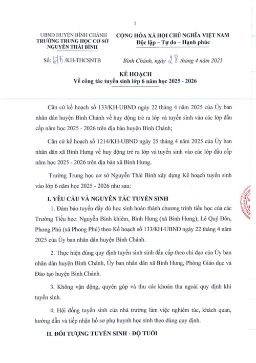 Kế hoạch Công tác tuyển sinh lớp 6 năm học 2025 - 2026