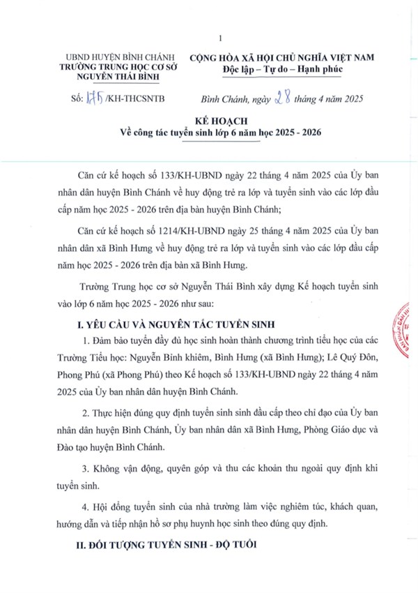 Kế hoạch Công tác tuyển sinh lớp 6 năm học 2025 - 2026