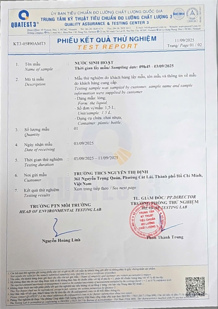 Kết quả xét nghiệm nước sử dụng của trường THCS Nguyễn Thị