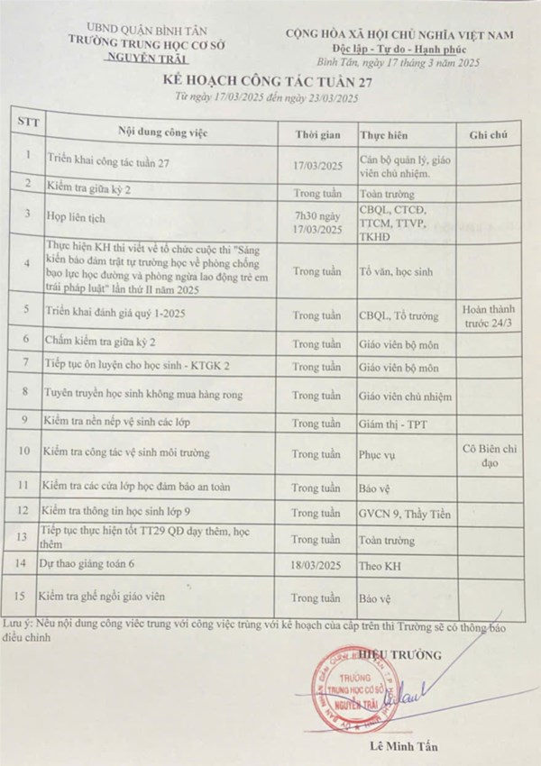 Lịch công tác tuần 27 từ ngày 17/03/2025 đến ngày 23/03/2025