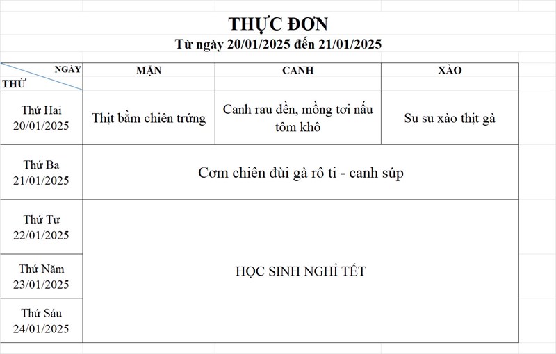 Thực đơn bán trú tuần 20