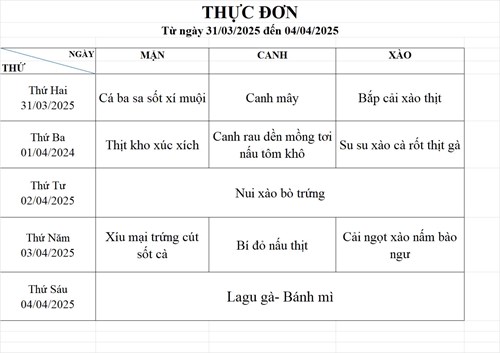 Thực đơn bán trú tuần 30