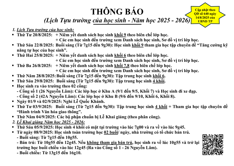 Thông báo Lịch Tựu trường của học sinh - Năm học 2025 - 2026 (cập nhật theo Quyết định số 640/QĐ-UBND ngày 14 tháng 8 năm 2025 của Ủy ban nhân dân Thành phố Hồ Chí Minh