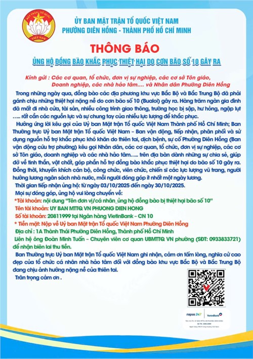 Lời kêu gọi ủng hộ đồng bào khắc phục thiệt hại do cơn bão số 10 (Bualoi) gây ra