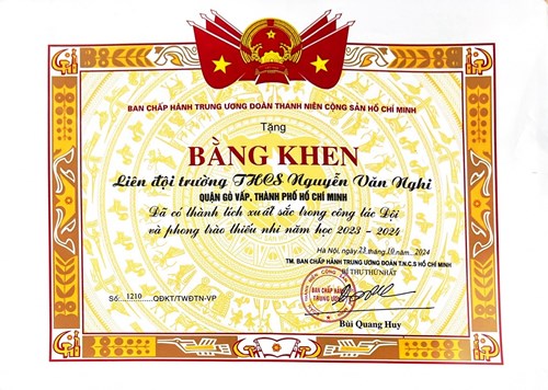 Liên đội Trường THCS Nguyễn Văn Nghi nhận bằng khen  Đã có thành tích xuất sắc trong công tác Đội và phong trào thiếu nhi năm học 2023 - 2024 
