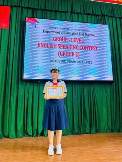 Chúc mừng em Trương Thanh Vân - học sinh lớp 7/1 - đã đạt Giải Nhất Hội thi Hùng biện Tiếng Anh cấp cụm (Cụm II) tổ chức vào ngày 29/03/2025 và Giải Ba Hội thi Tiếng Anh cấp huyện năm học 2024 - 2025 tổ chức vào ngày 04/04/2025