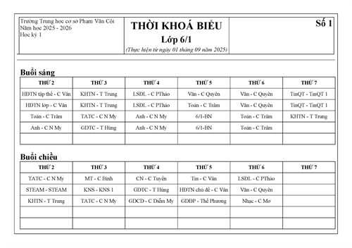 Thời khóa biểu số 1 -  Áp dụng từ ngày 03/09/2025